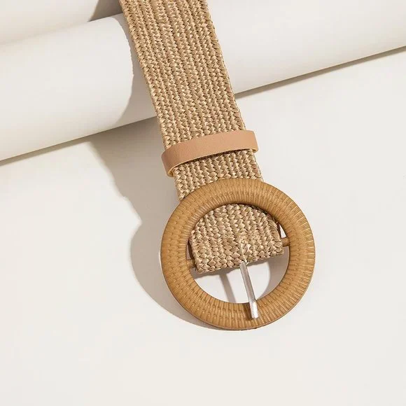 Waist belt, Women Straw Belt, ellipse Buckle Boho strechy Straw Belt For Beach - Picture 2 of 4